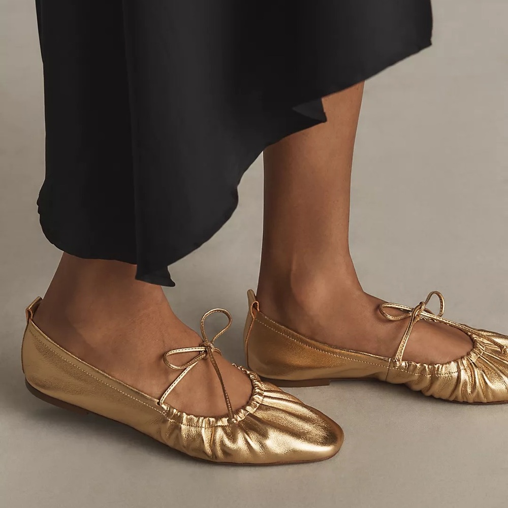 NWT Anthropologie Leather Ballet Tie Ballerina Flats Gold